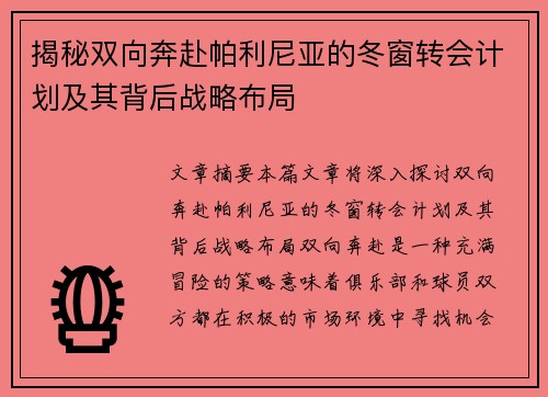 揭秘双向奔赴帕利尼亚的冬窗转会计划及其背后战略布局